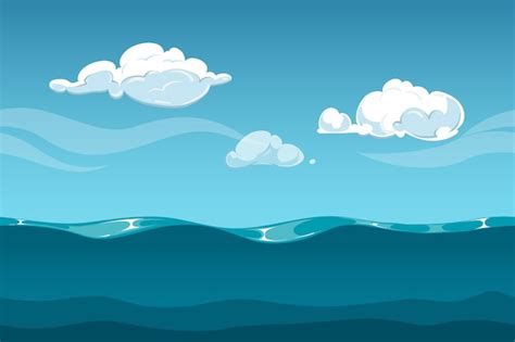 Paisaje De Dibujos Animados De Mar U Océano Con Cielo Y Nubes Vector