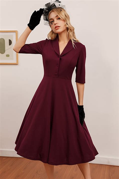 Zapaka Women Burgundy Button Vintage Dress 3 4 Sleeves 1950s Swing Rockabilly Dress Zapaka Au