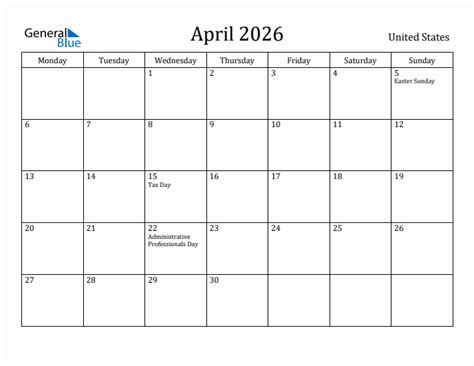 April 2026 United States Monthly Calendar With Holidays