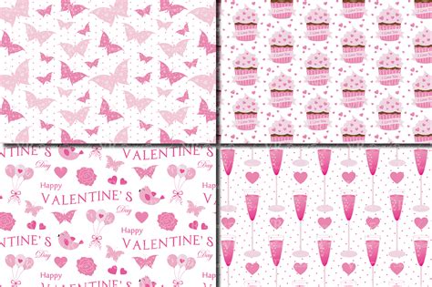 Pink Valentine`s Day Digital Paper Pack With Hearts Cupcakes