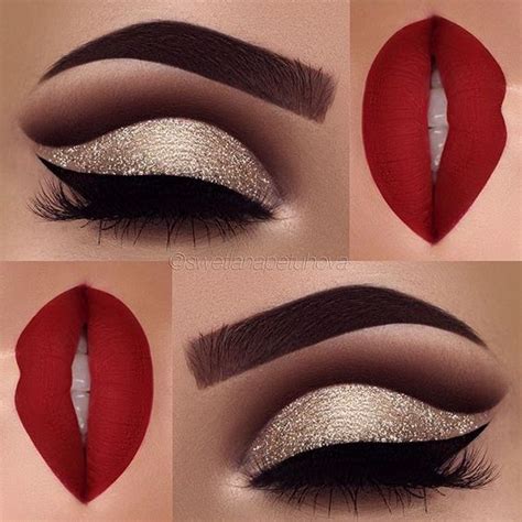 Red Matte Lips And Gold Glitter Eye Makeup 2018 Ladystyle