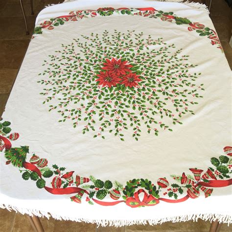 Round Christmas Tablecloth Vintage Christmas Linens Etsy Round