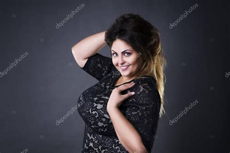 Young Beautiful Plus Size Model In Black Lace Dres Xxl Woman Portrait