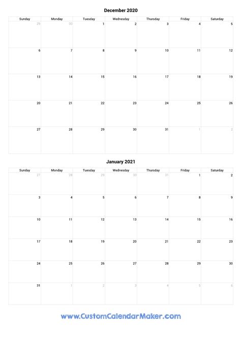 December 2020 And January 2021 Printable Calendar Template