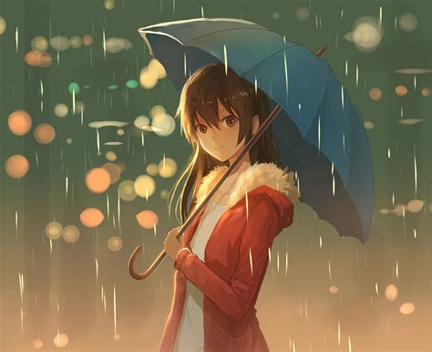 Wallpaper Illustration Anime Rain Umbrella Art Girl Screenshot
