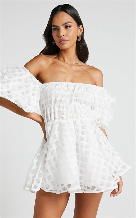 Paloma Mini Dress Off Shoulder Puff Sleeve Textured Net Dress In White Showpo Usa