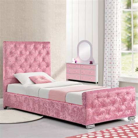 Beaumont Diamante Pink Crushed Velvet Double Bed Frame 4ft6 Bed Frame With Storage Single