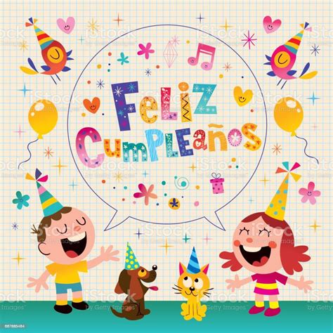 Vetores De Feliz Cumpleaños Feliz Aniversário Em Espanhol Crianças