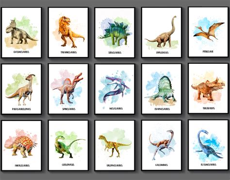 15 types of dinosaurs print set dinosaur decor watercolor etsy australia