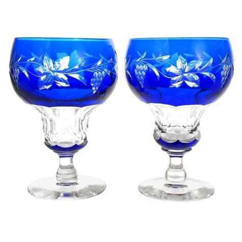 Val St Lambert Set Of 12 Cobalt Blue Vignes Pattern Goblets Colored Wine Glasses Glass