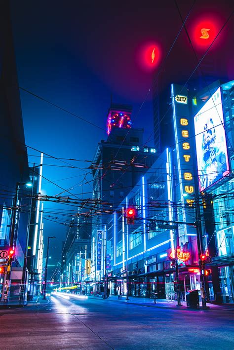 Night City Neon Buildings Road Hd Phone Wallpaper Peakpx