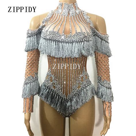 Luxury Sparkly Crystals Tassel Bodysuit Costume Celebrate Rhinestones