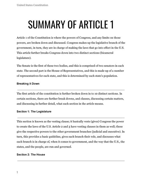 Summaries Of Us Constitution And Articles United States Constitution Summary Of Article 1