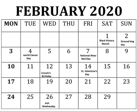 Editable Feb 2020 Calendar Pdf Word Excel Printable
