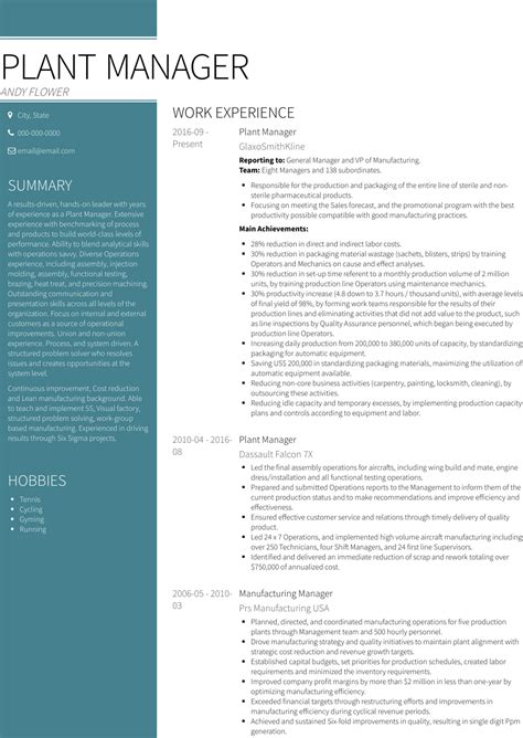 Even though tech people are sometimes considered forward and irreverent, make sure that your resume remains serious and aligned with your current achievements. Plant Manager - Resume Samples and Templates | VisualCV
