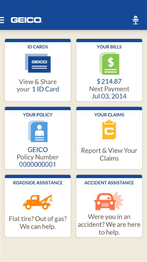 Below are other options available in the main menu if you'd like to perform other tasks not related to immediate access to live support person. GEICO Mobile - screenshot
