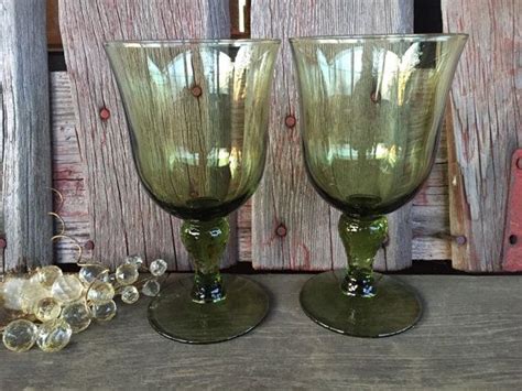 2 Vintage Water Goblets Olive Green Glasses 16 Oz Vintage Etsy Green Glassware Vintage