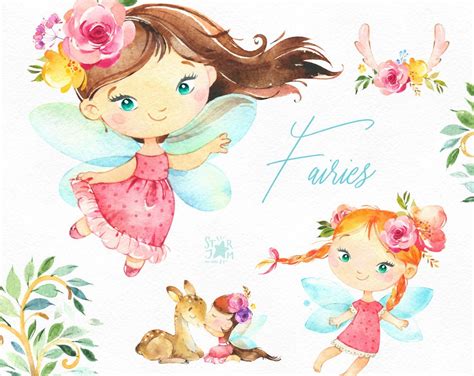 Fairies 2 Watercolor Magic Clipart Little Girls Dark Skins Etsy