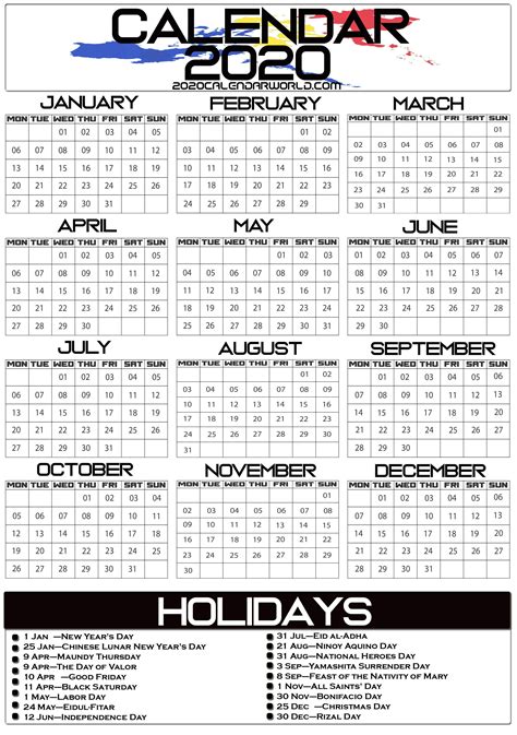 Philippines 2020 Calendar With Holidays Calendar Printables Holiday