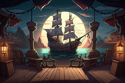 Background Environment Of 2d Abstract Tropical Pirate Ship Deck For