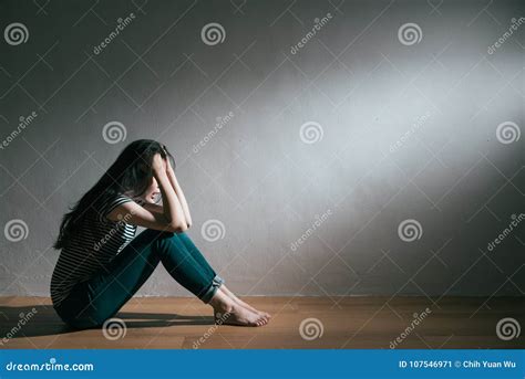 Woman Love Broken Sitting On Wooden Floor Crying Stock Image Image Of