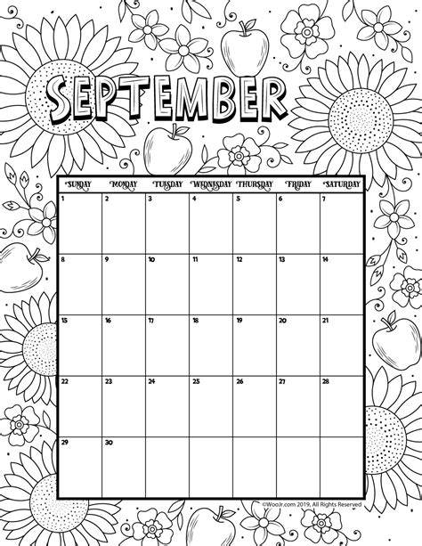 September 2019 Coloring Calendar Woo Jr Kids Activities Children