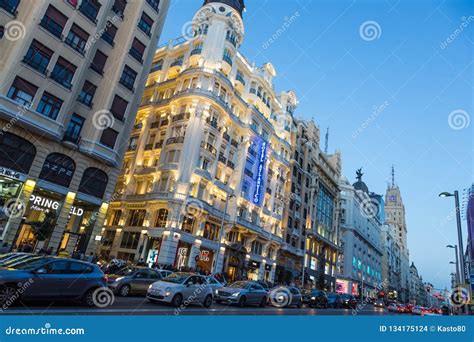 Madrid Spain Gran Via Main Shopping Street At Dusk Editorial Stock