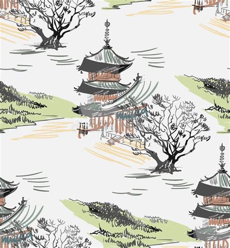 Temple Nature Landscape View Vector Sketch Illustration Japanese