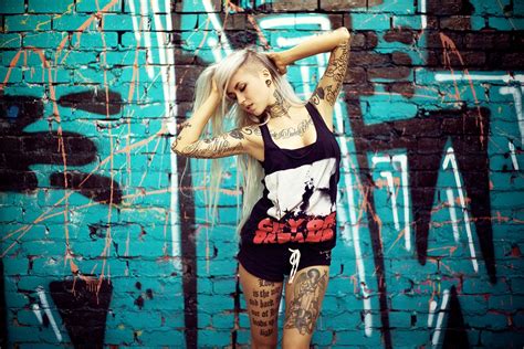 Wallpaper Women Model Blonde Long Hair Tattoo Armpits Blue