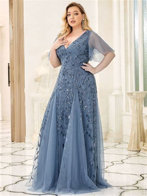 Plus Size Shimmery V Neck Formal Evening Gowns With Ruffles Sleeves Evening Gowns With Sleeves