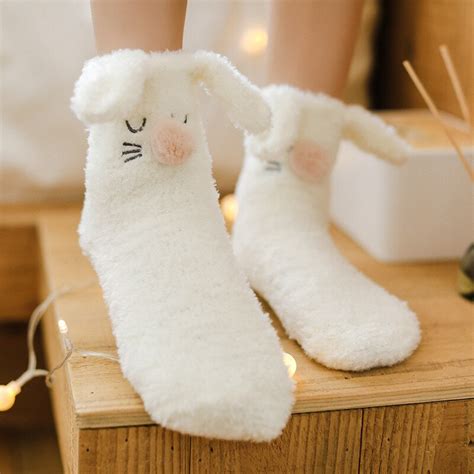 New Autumn Winter Thick Velvet Fuzzy Rabbit Cat Women Socks Cute Long