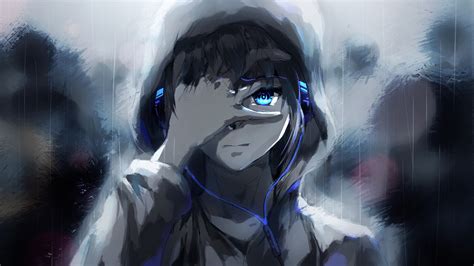 Download 600x800 Anime Boy Hoodie Blue Eyes Headphones Painting