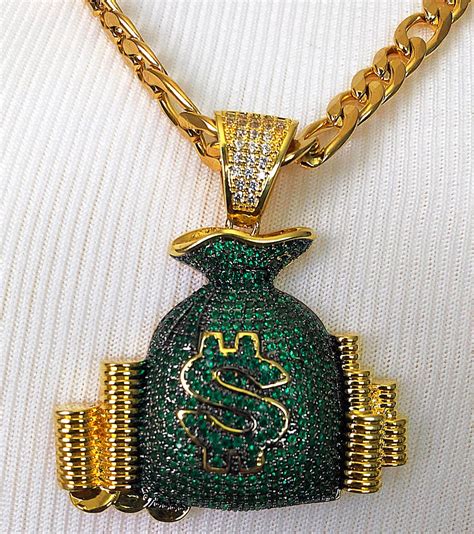 Money Bag Iced Out Pendant With 28 Necklace 14k Gold Finish Rosarios Y Mas