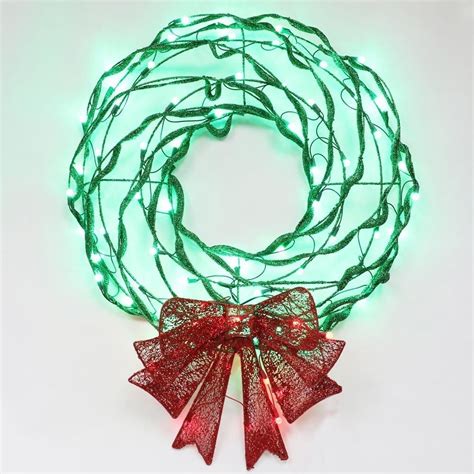 Christmas Plastic Tubed Wreath With Glitter Bow Green And Red Led
