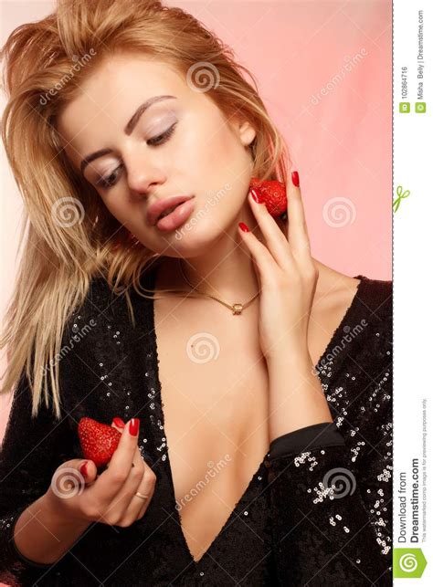 Blonde With Strawberries Stock Photo Image Of Hand