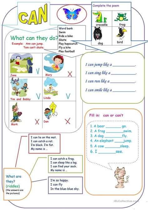 Activities might include wildlife talks, games, hikes, and science programs. Can for kids worksheet - Free ESL printable worksheets ...