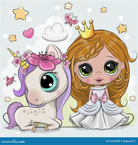 Cute Cartoon Fairy Tale Princess And Unicorn Stock Vector