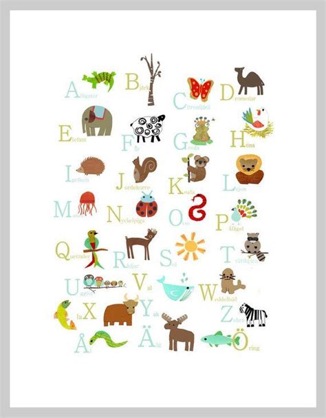 Swedish Alphabet Print 11x14 Nursery Wall Art Animal Themed Etsy