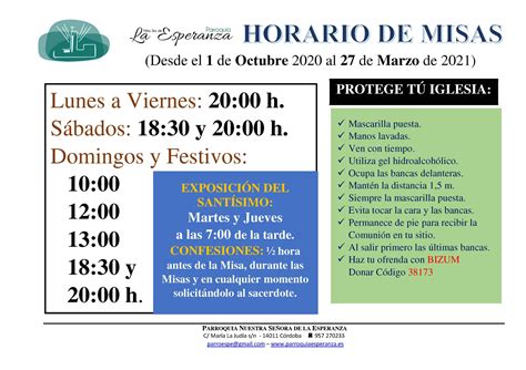 Nuevos Horarios De Misas Parroquia Ntra Sra De La Esperanza