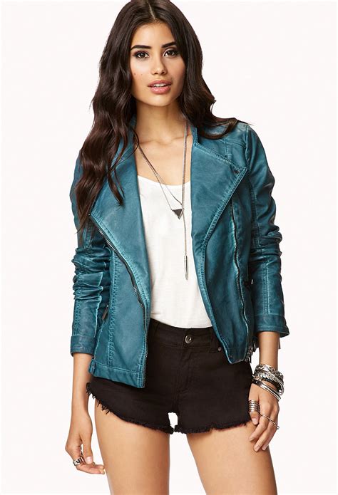 Lyst Forever 21 Faux Leather Moto Jacket In Blue