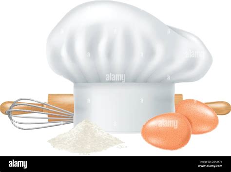 Chef Hat Two Eggs Flour Rolling Pin And Whisk Isolated On White