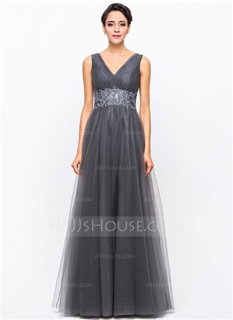 A Lineprincess V Neck Floor Length Tulle Evening Dress With Ruffle