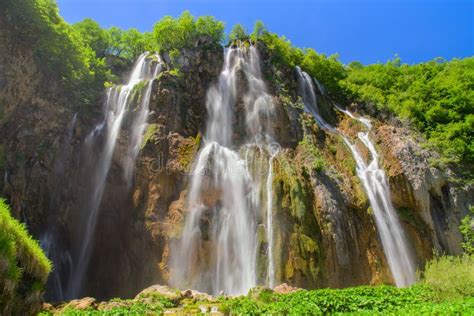 Amazing Waterfall Panorama In Plitvice Lakes National Park Cro Stock