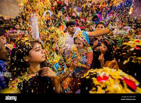 Crowd Throwing Flower Petals During The Flower Holi Festival Vrindavan