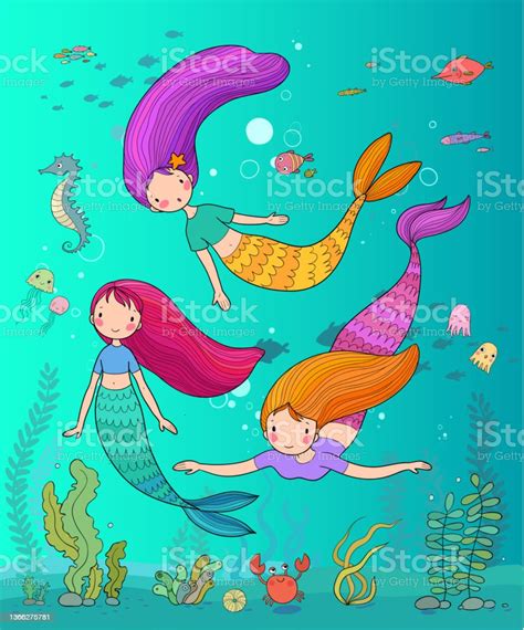 Ilustración De Lindas Sirenas De Dibujos Animados Sirena Tema Del Mar