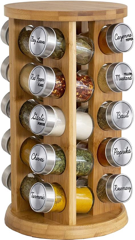 Orii 20 Jar Bamboo Spice Rack With Spices Included Rotating Tower