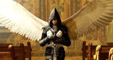 Pictures Armor Swords Warriors Wings Fantasy Young Woman Angels Hood