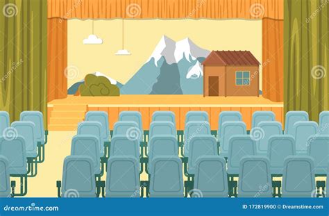 School Assembly Hall Interior Decorated Stage Vector Illustration