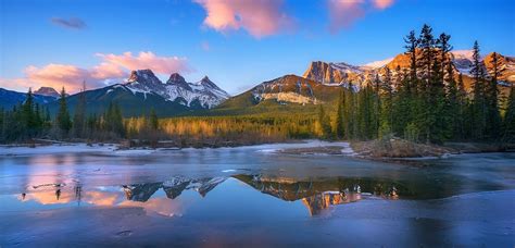 Canada Mountains Lake Forest Frost Snowy Peak Clouds Reflection