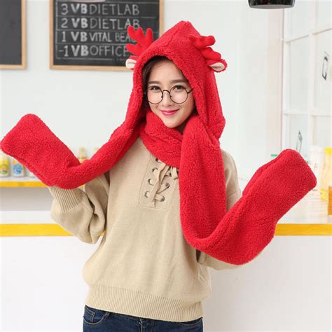 韩版冬季手套帽子围巾三件套一体女围脖圣诞鹿角羊羔绒加厚围巾 阿里巴巴